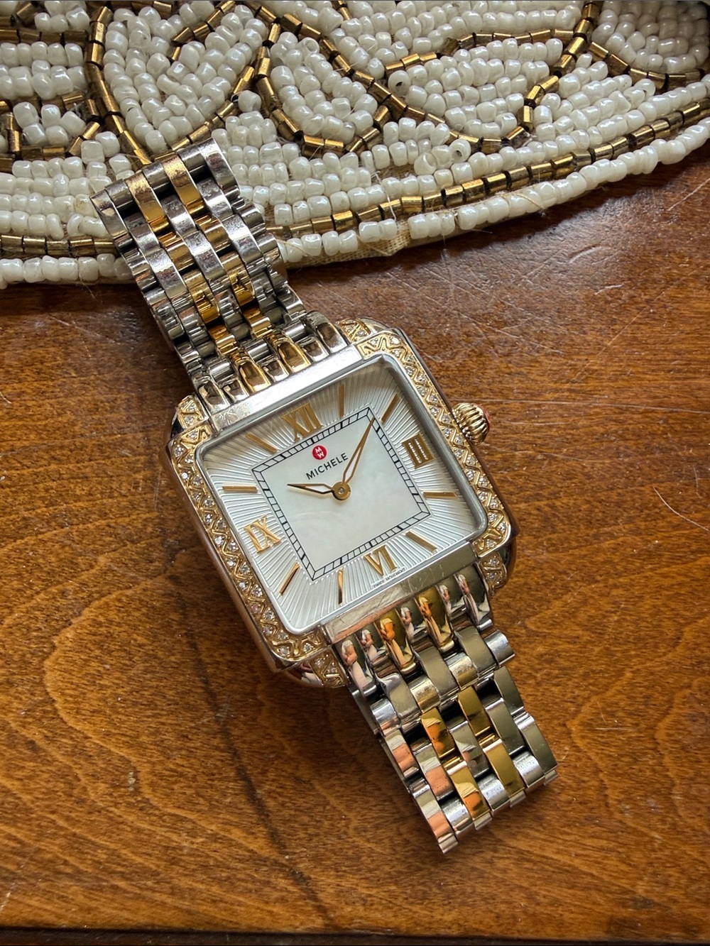 Michele Two-Tone Gold and Silver Diamond Bezel Women's Bracelet Watch